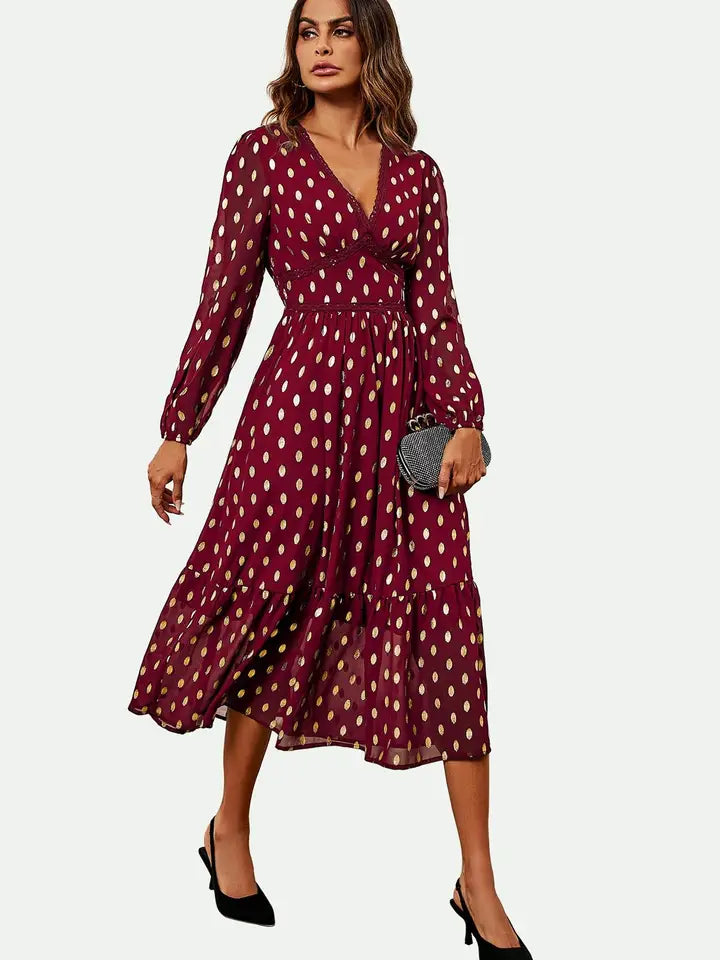 FS Collection Lace Trim Foil Long Sleeve Midi Dress in Wine