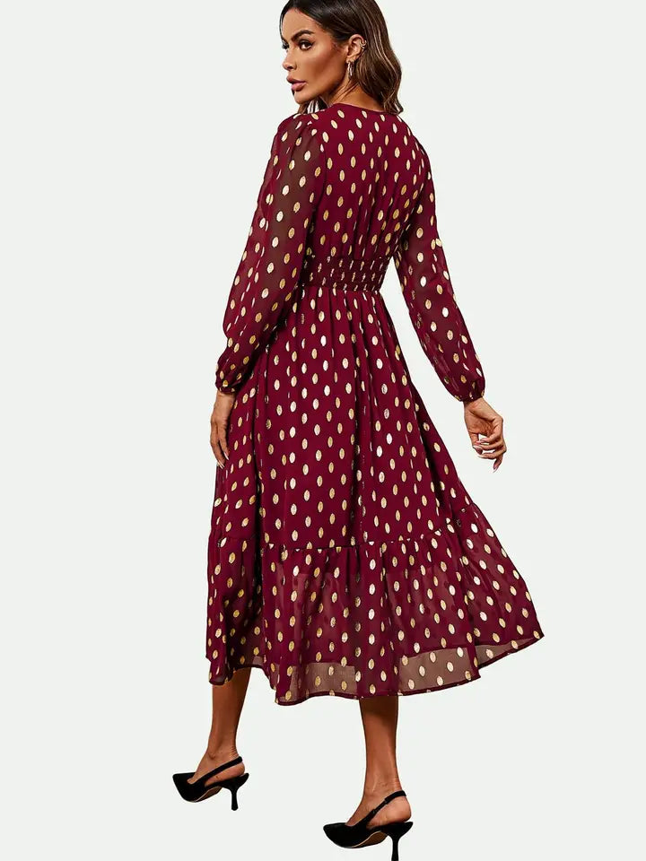 FS Collection Lace Trim Foil Long Sleeve Midi Dress in Wine