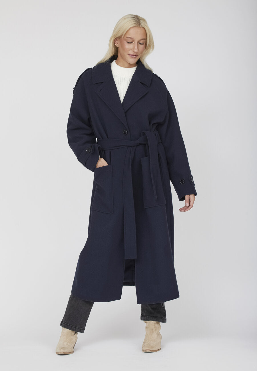 SISTERS POINT WOOL WRAP TIE COAT NAVY