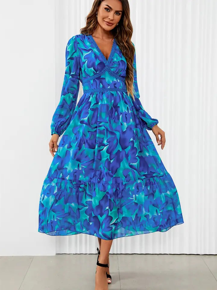 FS Collection Floral Print Long Sleeve Maxi Dress in Blue