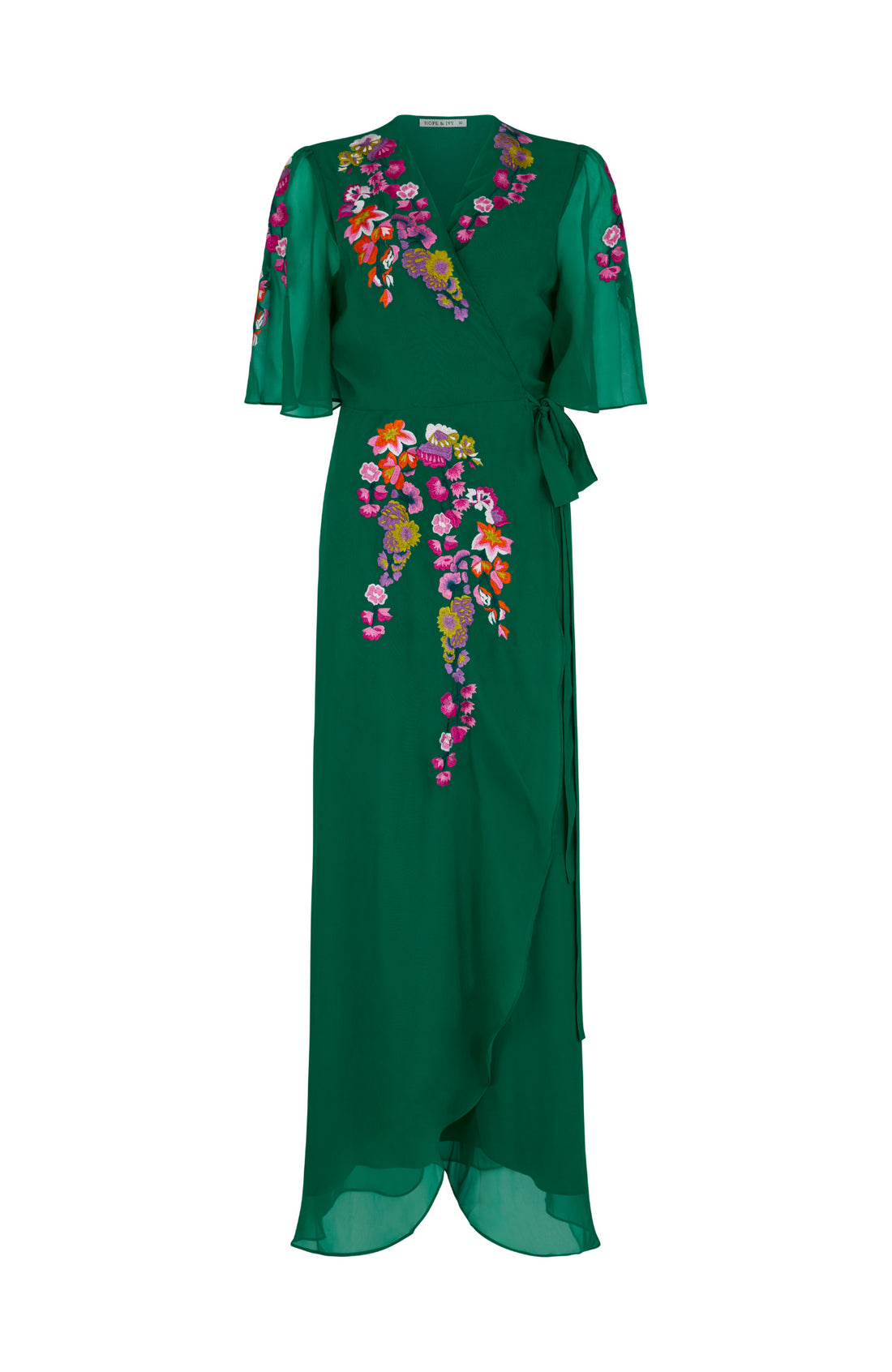 The Miria Embroidered Flutter Sleeve Maxi Dress with Tie Waist