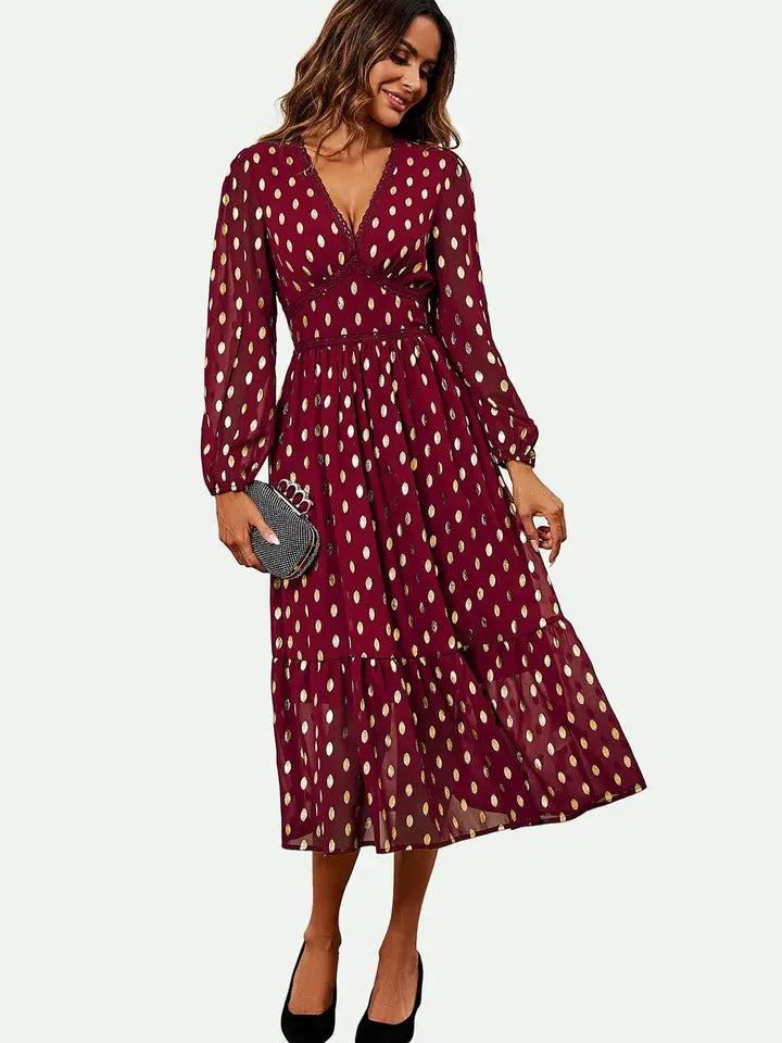 FS Collection Lace Trim Foil Long Sleeve Midi Dress in Wine