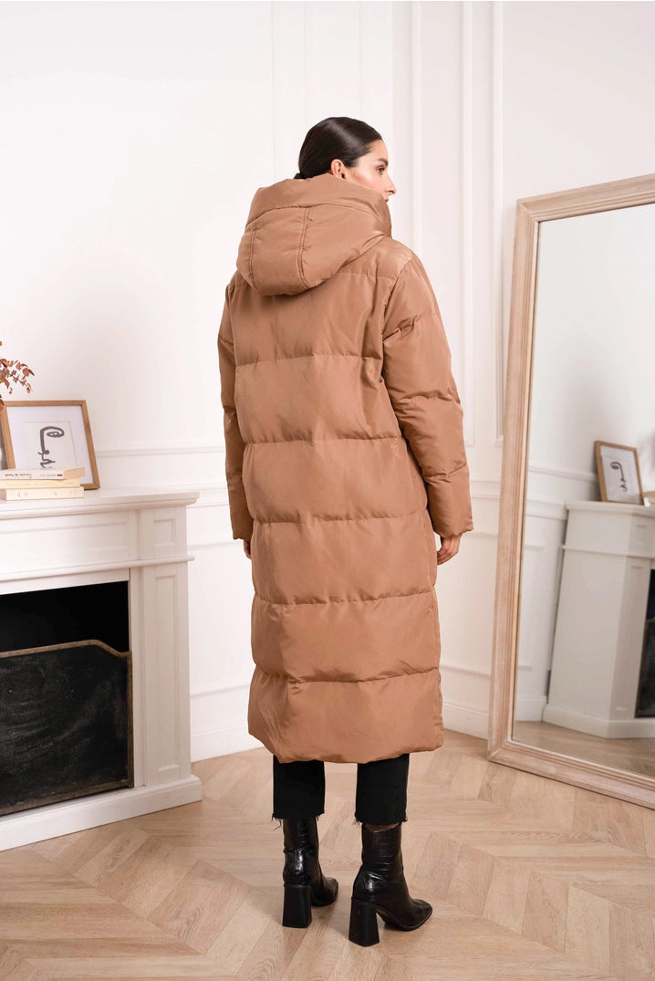 Oversized Long Quilted Hooded Parka Camel