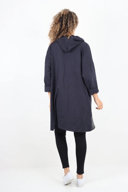 Italian PU Leather Pockets Hooded Tunic Top  Navy