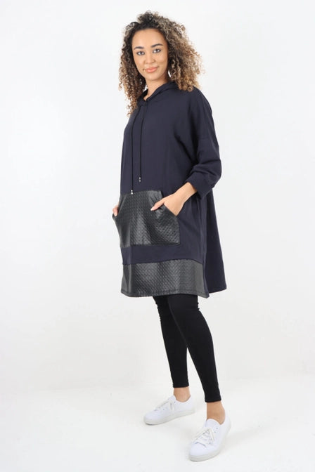 Italian PU Leather Pockets Hooded Tunic Top  Navy