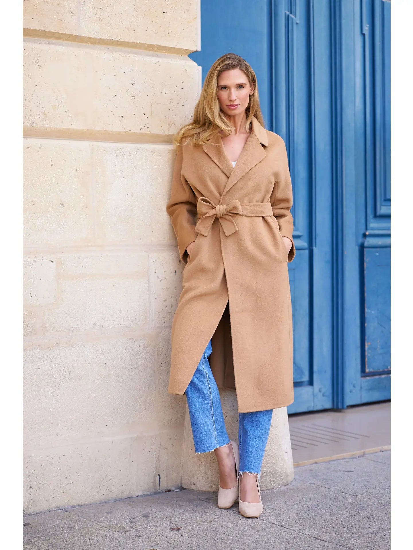 Hand-Sewn Wool Wrap Coat Camel