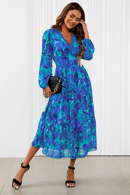 FS Collection Floral Print Long Sleeve Maxi Dress in Blue