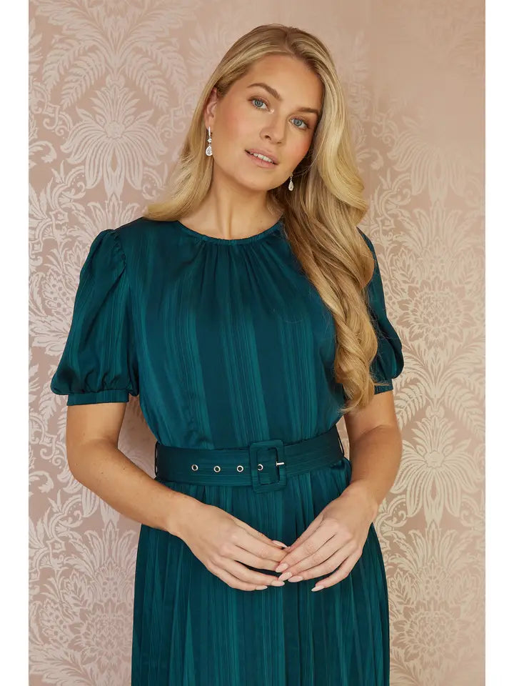 Yumi Green Satin Striped Midi Dress