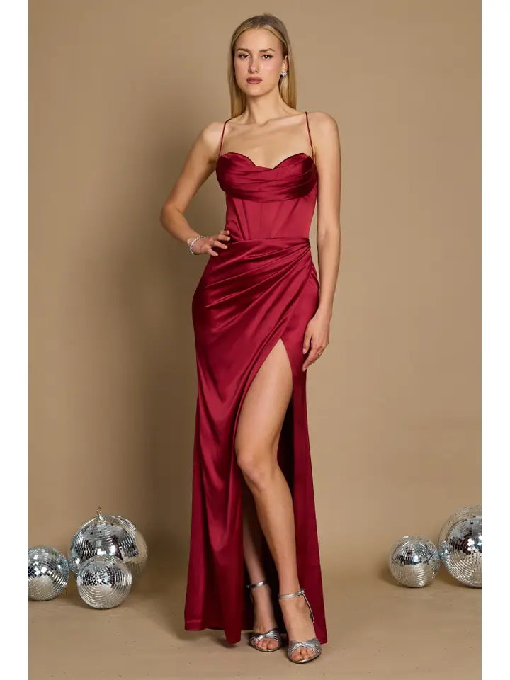 Burgundy corset cowl neck debs dress