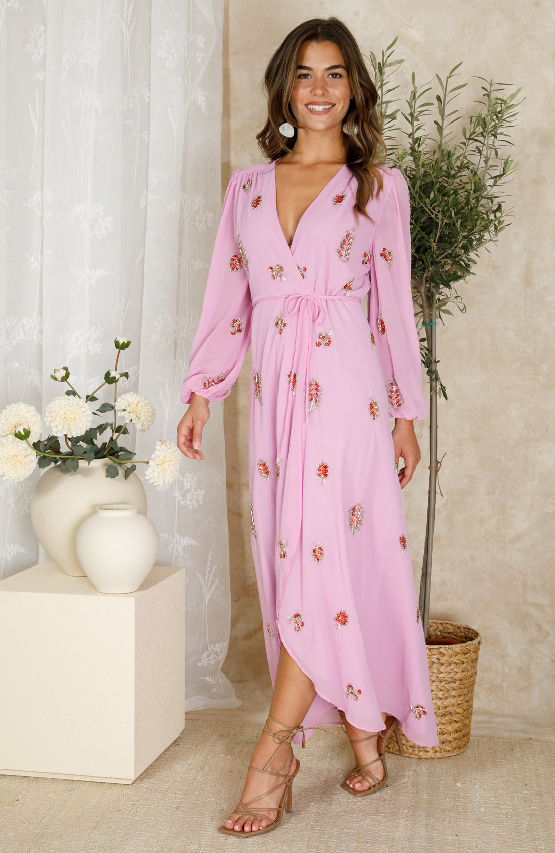 THE KARA EMBELLISHED BLOUSON SLEEVE WRAP DRESS