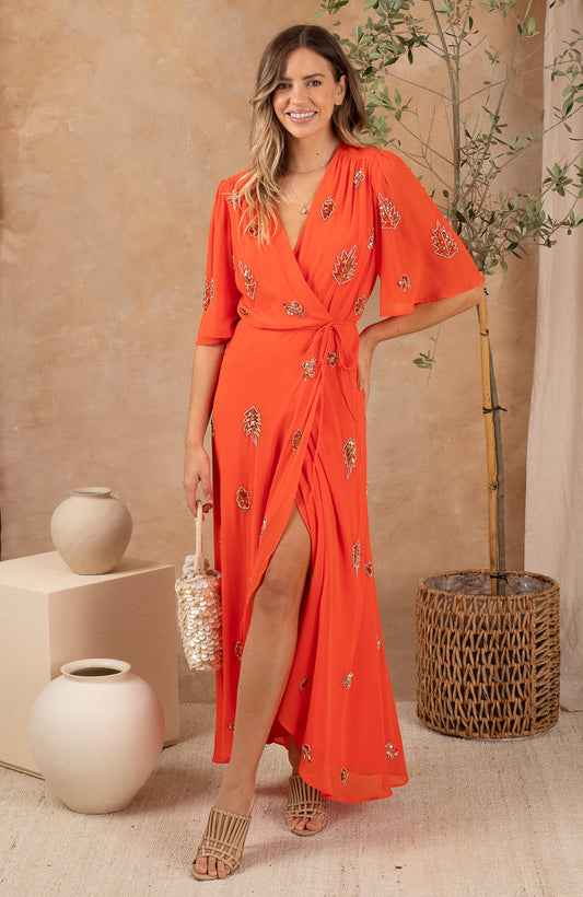 The Alana Embellished Wrap Dress with Tie Waist and Flutter Sleeve