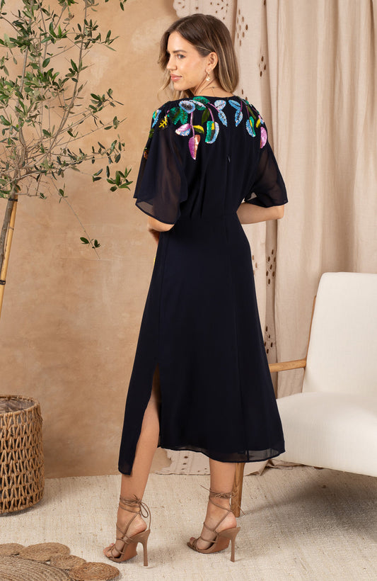The Sofia Embellished V-Neck Drape Sleeve Button Front Midi Dress