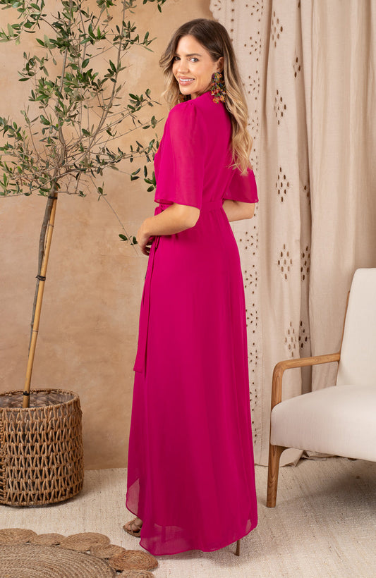 The Constance Embellished Flutter Sleeve Maxi Wrap Dress with Tie Waist