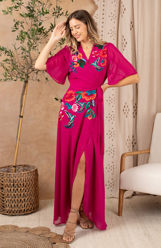 The Constance Embellished Flutter Sleeve Maxi Wrap Dress with Tie Waist