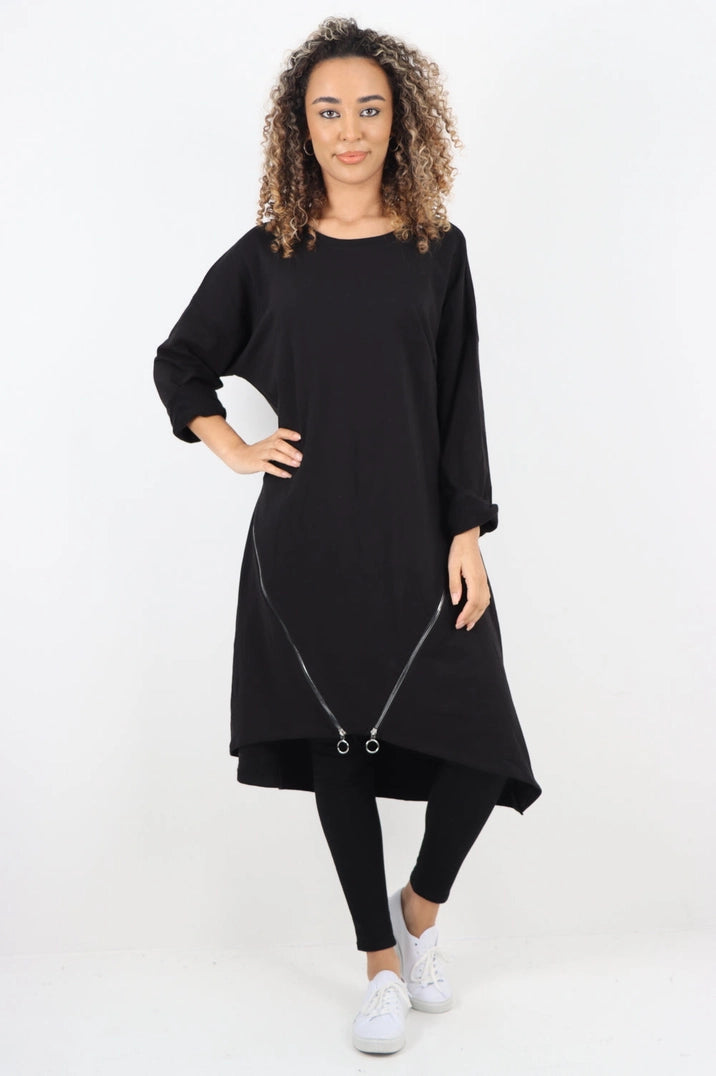 Italian Double Zip Detail Midi Dress Black