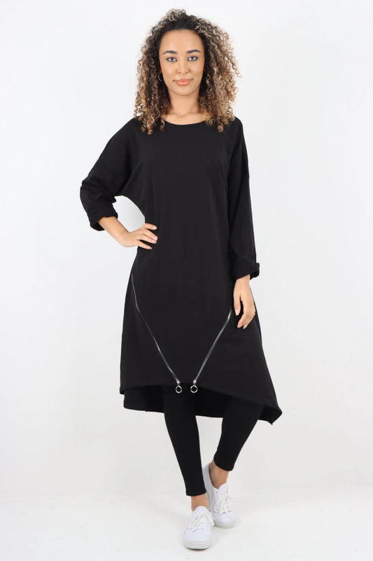 Italian Double Zip Detail Midi Dress Black