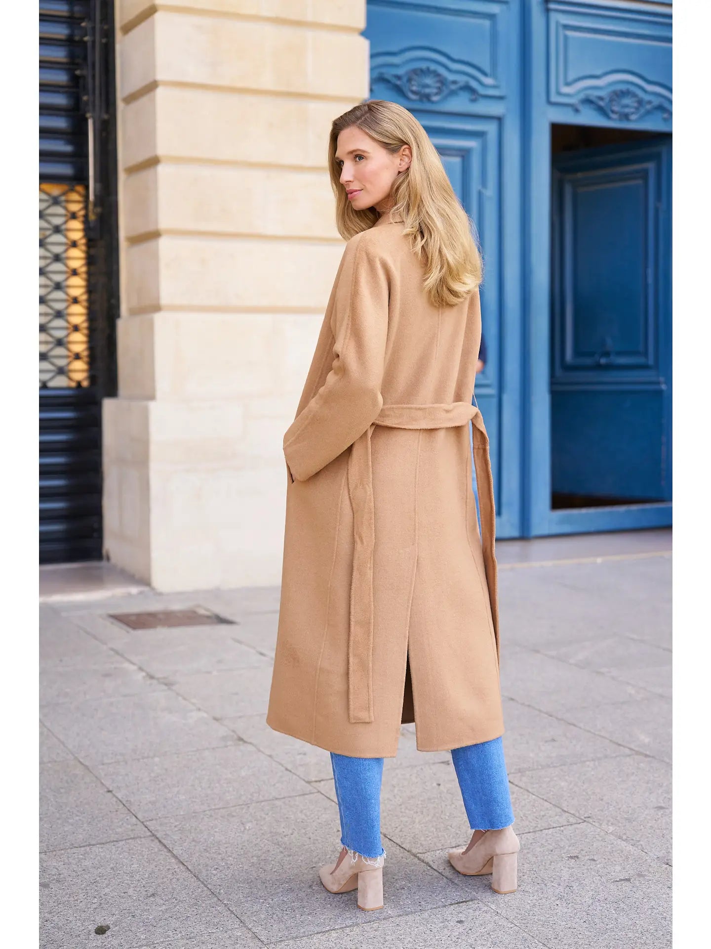 Hand-Sewn Wool Wrap Coat Camel