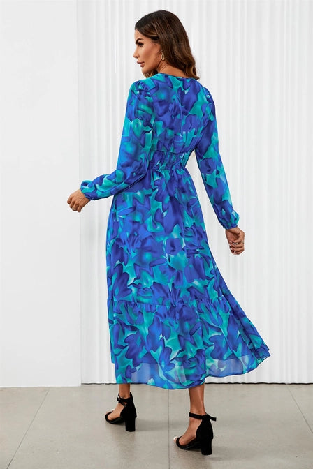 FS Collection Floral Print Long Sleeve Maxi Dress in Blue